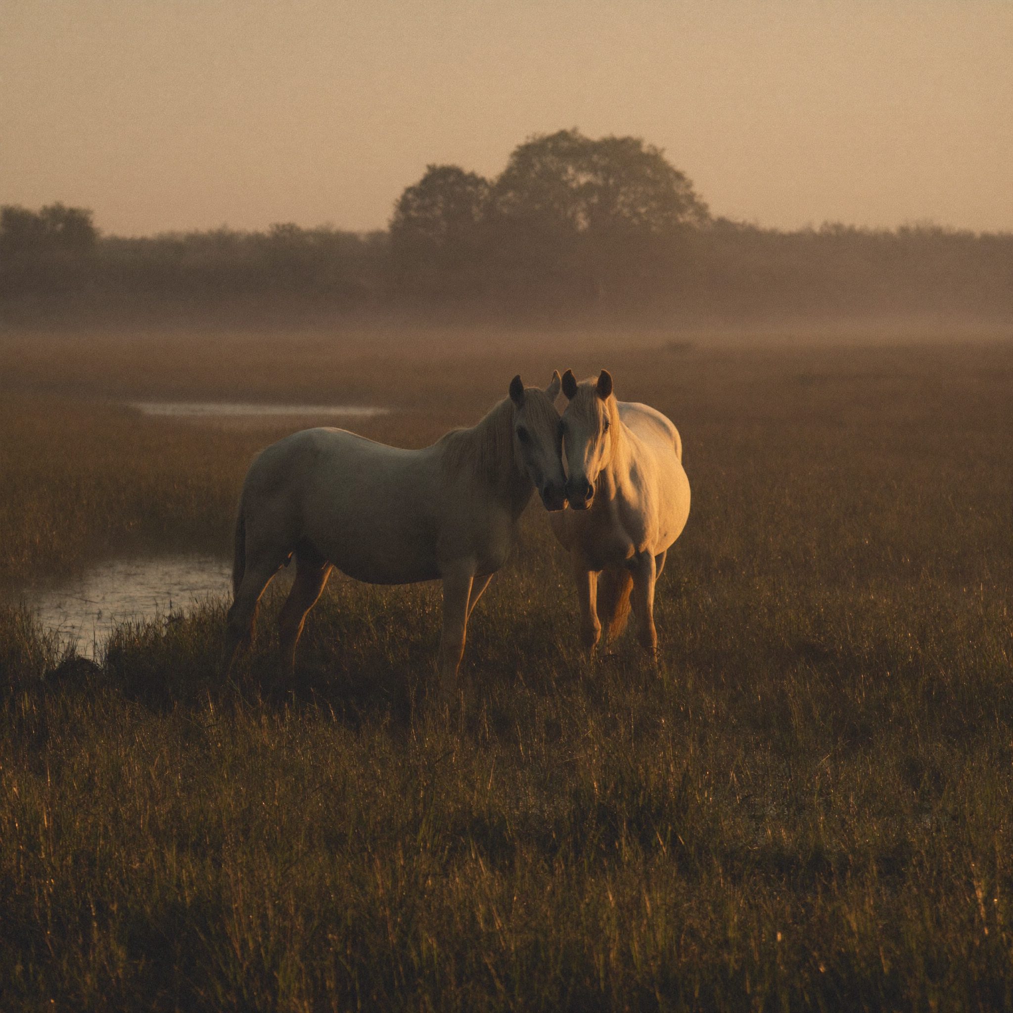 Chevaux blancs de Camargue dans les marais au matin