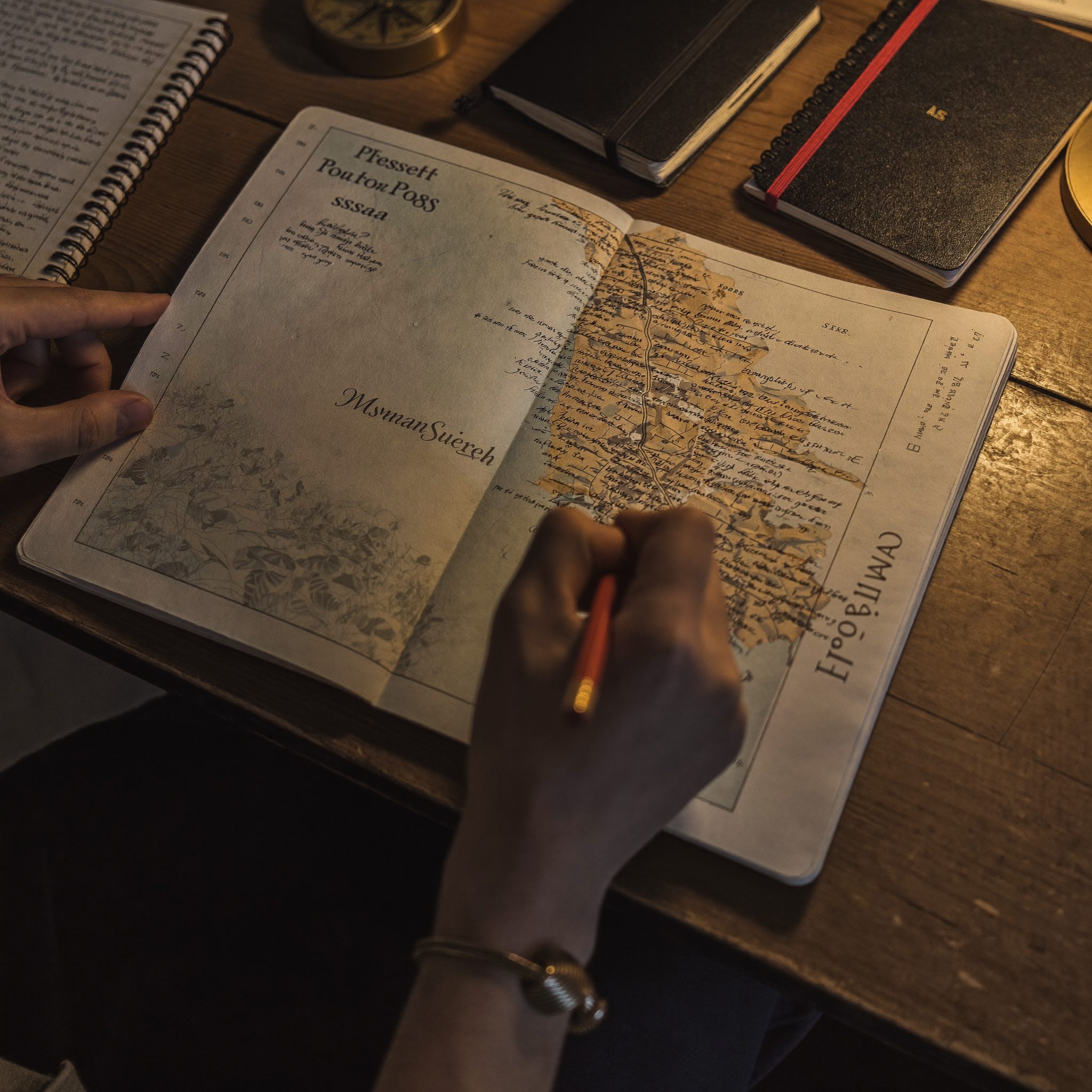 Mains d'un conseiller en voyages traçant un itinéraire sur une carte posée sur un bureau
